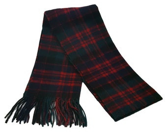 May include: A red, black, and green plaid scarf with fringed ends.