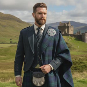 Op de afbeelding: Een man in traditionele Schotse kledij, waaronder een donkerblauwe jas, vest en kilt met een groen en blauw tartanpatroon. Een zilveren broche met groene accenten siert de schouder. Een zwarte sporran hangt aan de taille. Een kasteel is op de achtergrond te zien.