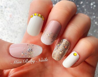 Wedding Nails, French Nails, Ombre, Glitter, Jewels, Elegant, Press On Nails, False Nails, Fake Nails, White Nails, Pink Nails,