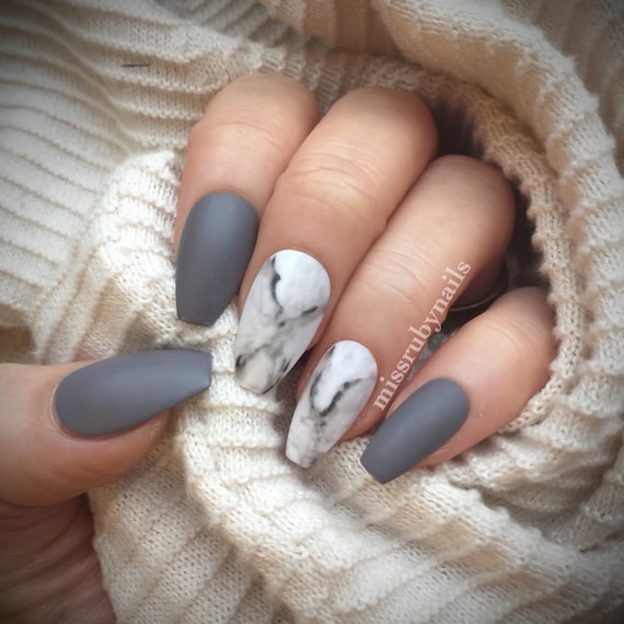 Marble Nails, Matte, Grey, Gray, Custom Colour, Marble Slab, Stone, Press  on Nails, Fake Nails, False Nails, Hand Painted, Hand Made 