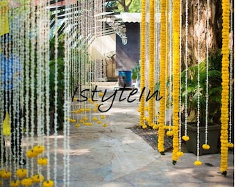 Free shipping 8 feet Artificial lemon yellow marigold garland 8 feet off white tuberose garland for wedding decoration, Indian event