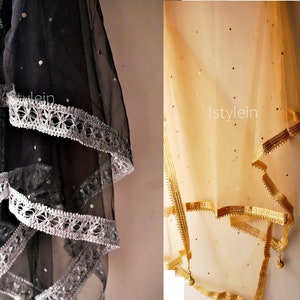 Black and beige net dupatta with silver gota patti lace on the borders