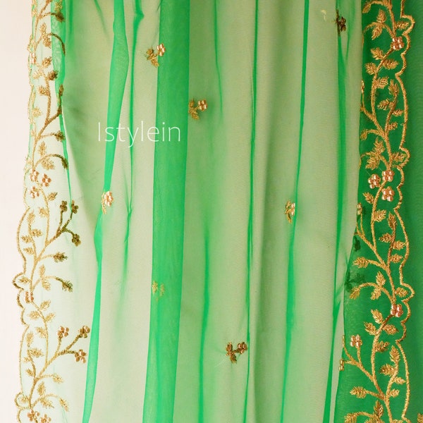 Green Net Dupatta with Silver Sequin Work and Heavy Embroidered Border main image 1