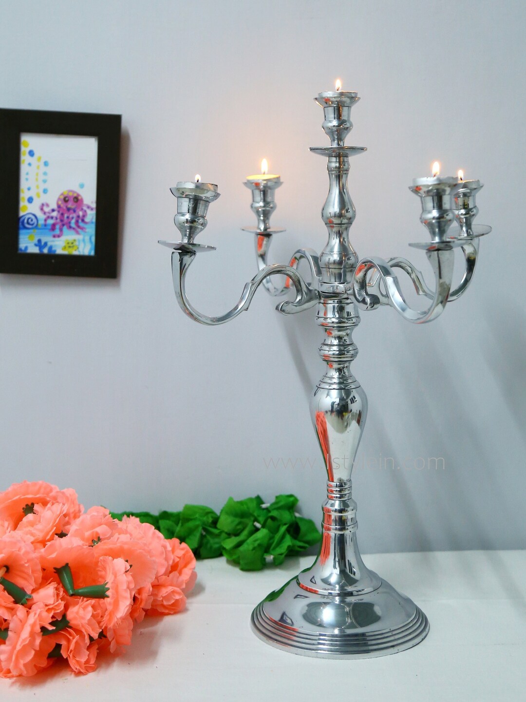 5 Arm Candle Holder, Silver Toned Candle Candelabra, 54 Cm Tall