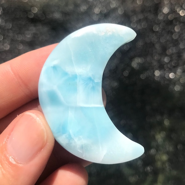 Fabulous Quality Carved Larimar Moon Dolphin Stone Blue Pectolite