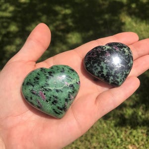 Lot of 2 Polished Puffy Ruby Zoisite Hearts, India, 124g, Chakra Healing Stones