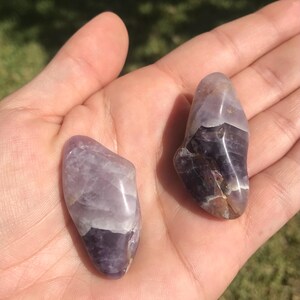 May include: Two polished tumbled stones featuring a blend of translucent light purple and opaque deep violet banding. The stones have a smooth, rounded, and irregular shape with visible internal fractures and natural color variations throughout.