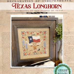 May include: Framed cross-stitch art featuring the Texas Longhorn and the Texas flag, with the year 1845. The artwork is set against a backdrop of historical documents and greenery, with the text "Texas Longhorn".