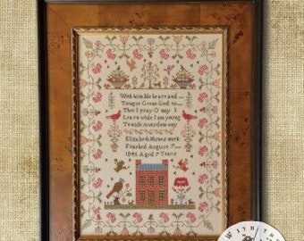 Elizabeth Hunt 1845 an antique cross stitch sampler reproduction by Brenda Gervais With thy Needle and Thread