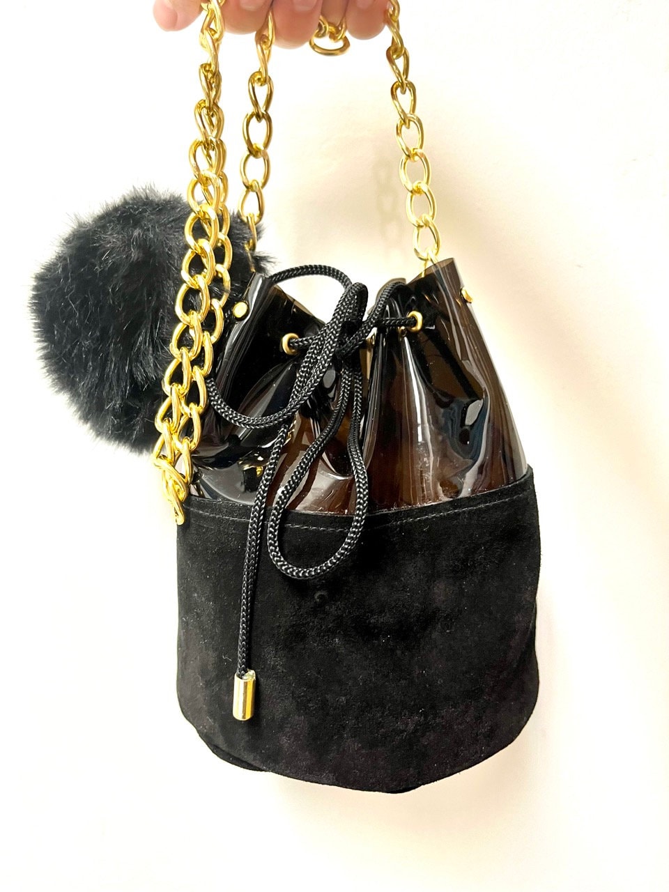 Black Bucket Bag With Pompom Suede and Vinyl Chain Crossbody