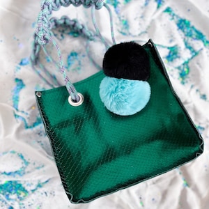 Metallic Green Leather Tote Macrame Handle Pompom Small Bag