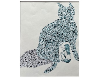 Blaue Katze mit abstraktem Gekritzelmuster, gezeichnet von sitzender Stift- und Tintenillustration eines Mädchens