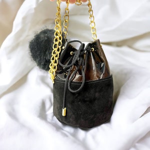 Black Bucket Bag with Pompom Suede and Vinyl Chain Crossbody