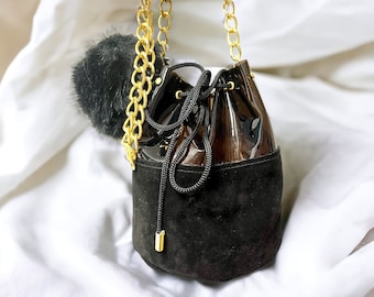 Black Bucket Bag with Pompom | Suede and Vinyl Chain Crossbody