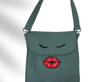 Green Leather Shoulder Bag | Face Appliqué