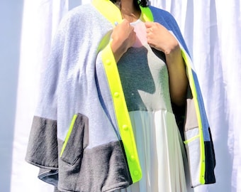 Grey Cape Colorblocking with Neon Trim | Snap Closure and Pocket Poncho