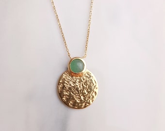 Thin Necklace Gold Plated Trend Medallion Hammered Precious Stone Fine Aventurine