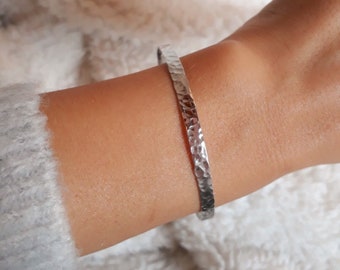 Jonc Bracelet Fin Argent Mode Tendance Martelé