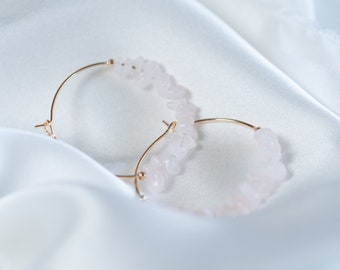 Boucles d'Oreilles Creoles Quartz Rose plaqué or