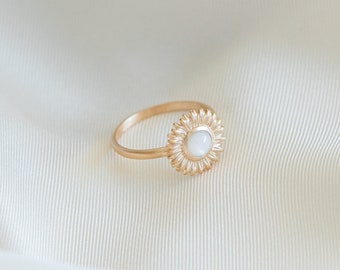 Small Moonstone Flower Ring Gold Plated White Stone