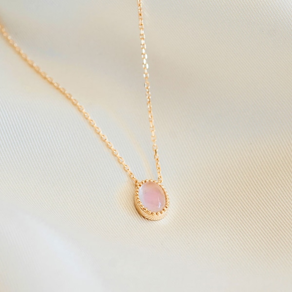 Collier Quartz Rose Plaqué Or Pierre Precieuse Ovale Cabochon