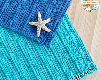 May include: A crochet pattern for a blue and turquoise blanket with the text "PDF Pattern" on the bottom right corner.