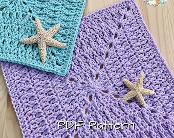 May include: Two crocheted squares, one teal and one lavender, with a starfish on each. The text "PDF Pattern" is visible in the bottom center of the image.