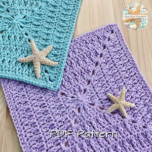 May include: Two crocheted squares, one teal and one lavender, with a starfish on each. The text "PDF Pattern" is visible in the bottom centre of the image.