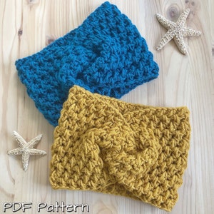 May include: Two crocheted headbands, one blue and one yellow, with a knotted design. The headbands are made with a chunky yarn and have a textured look.