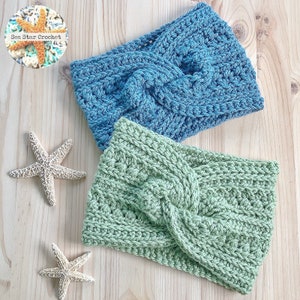 May include: Two crocheted headbands, one in a light blue color and one in a light green color. Both headbands have a twisted knot design.