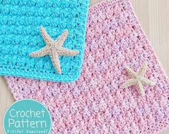 May include: Two square crochet pieces, one in bright turquoise and one in soft pink, each featuring a textured stitch pattern. A natural beige starfish is placed on top of each piece. A circular teal label reads Crochet Pattern Digital Download.
