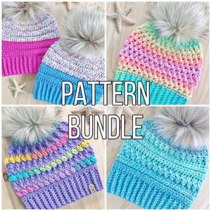 May include: A set of four crochet hat patterns, each with a different colour scheme and stitch pattern. The hats are all topped with a fluffy pom-pom. The patterns are available as a bundle. PATTERN BUNDLE