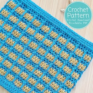 May include: A crochet pattern for a blue and gold striped crochet project. The pattern is a digital download and printable PDF.