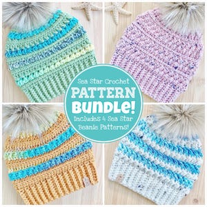 May include: A collage of four crochet beanie patterns, each with a different color combination. The beanie patterns are titled "Sea Star Crochet Pattern Bundle! Includes 4 Sea Star Beanie Patterns!"