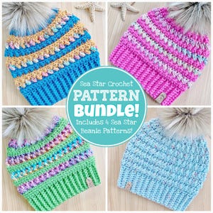 May include: A set of four crochet beanie patterns, each featuring a different colour combination: blue, pink, green, and light blue. The patterns are called "Sea Star Crochet Pattern Bundle!" and include four sea star beanie patterns.