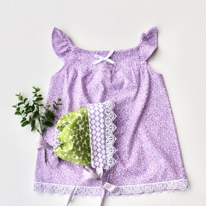baby lavender flutter sleeve dress and bonnet with lace set, Easter spring outfit, size 6-12 month