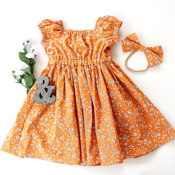 Girls' Orange Floral Peasant Dress or Hair Bow Girls' Orange Floral Peasant Dress or Hair Bow