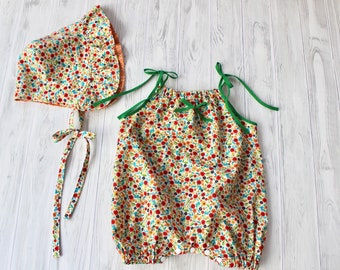Floral Bubble Romper and Reversible Bonnet Set, size 6-12 month, Baby Girl Boho Romper