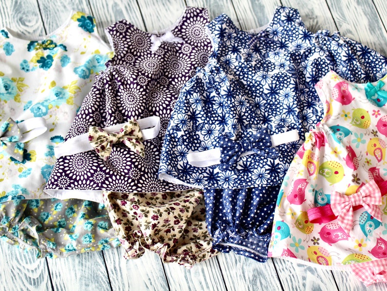 Handmade Baby Swing Dress Bloomers and Sailor Bow Headband Set in Purple