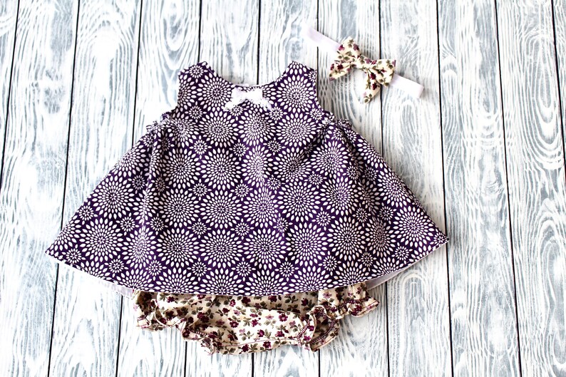 Handmade Baby Swing Dress Bloomers and Sailor Bow Headband Set in Purple