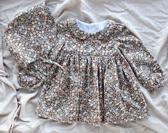 Girls Vintage Style Floral Dress with Peter Pan Collar, Bonnet. or Hair Bow