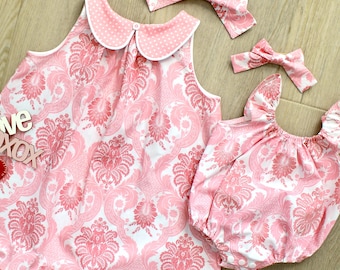 Girl's Sleeveless Dress in Pink Damask with Peter Pan Collar, Matching Sister Outfits