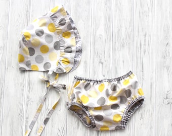 Baby Bonnet and Bloomer Set Reversible in Yellow and Gray