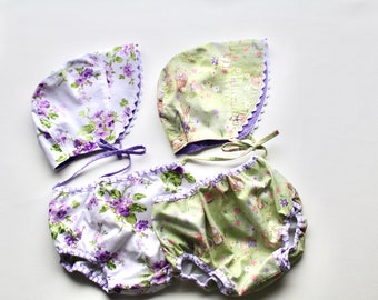 Baby Bonnet and Bloomer Set Reversible in Yellow and Gray