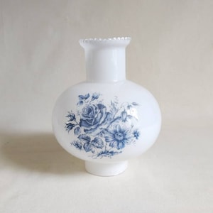 Vintage white opaline lampshade with blue flower pattern