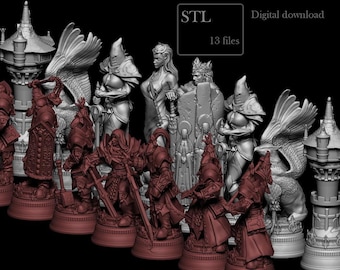 May include: A set of 3D printed chess pieces, including a knight, a bishop, a rook, a queen, a king, and a pawn. The pieces are in a gray and red color scheme. The pieces are designed in ZBrush 2023 by Unusual 3D Core. STL files are available for digital download.