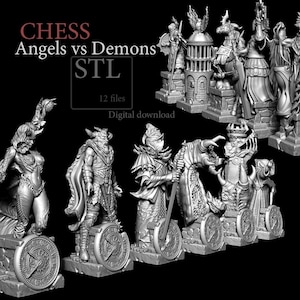 Puede incluir: Una descarga digital de un juego de ajedrez con figuras detalladas de ángeles y demonios. El conjunto incluye 12 archivos y está etiquetado como "CHESS Angels vs Demons STL". Las figuras están intrincadamente diseñadas y sobre bases de piedra.