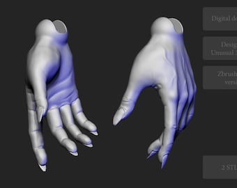 May include: Two 3D printed models of a human hand in a neutral pose. The hands are rendered in a light gray color and are shown from two different angles. The models are designed in Zbrush 2023 and are available for digital download as two STL files.