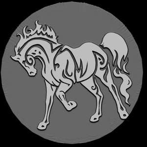 May include: A gray illustration of a horse with intricate tribal-style designs. The horse is set against a gray circular background, with a black backdrop. The horse is depicted in a walking pose, with its tail and mane flowing.