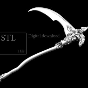May include: A 3D printable model of a silver, ornate scythe with a curved blade and a detailed handle. The model is available for digital download as an STL file. The text "STL" and "Digital download" are visible in the image.